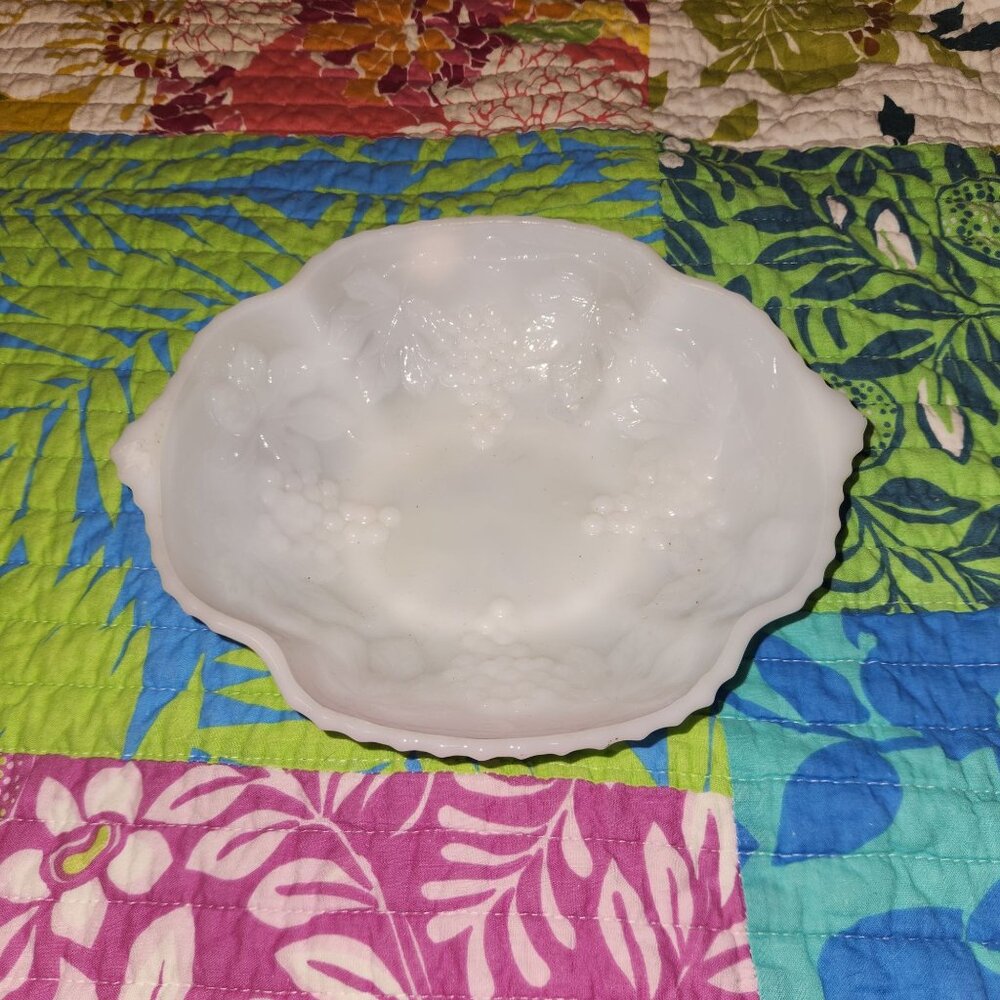 Vintage White Milk Glass Grape Vine Embossed Decorative Bowl